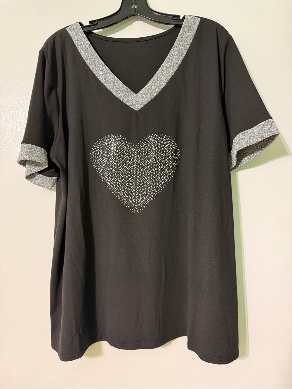 Black V-Neck Top with Silver Heart and Trim